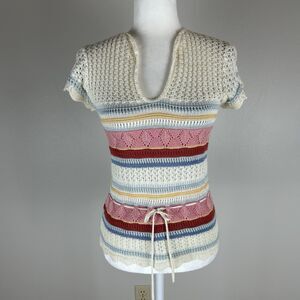 Vintage Crochet Y2K S Babydoll Top Ivory Open Knit Boho Folk Cottage Grannycore